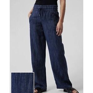 Athleta Cabo 100% Linen Navy Blue High Waist Wide Leg Pants Sz 6